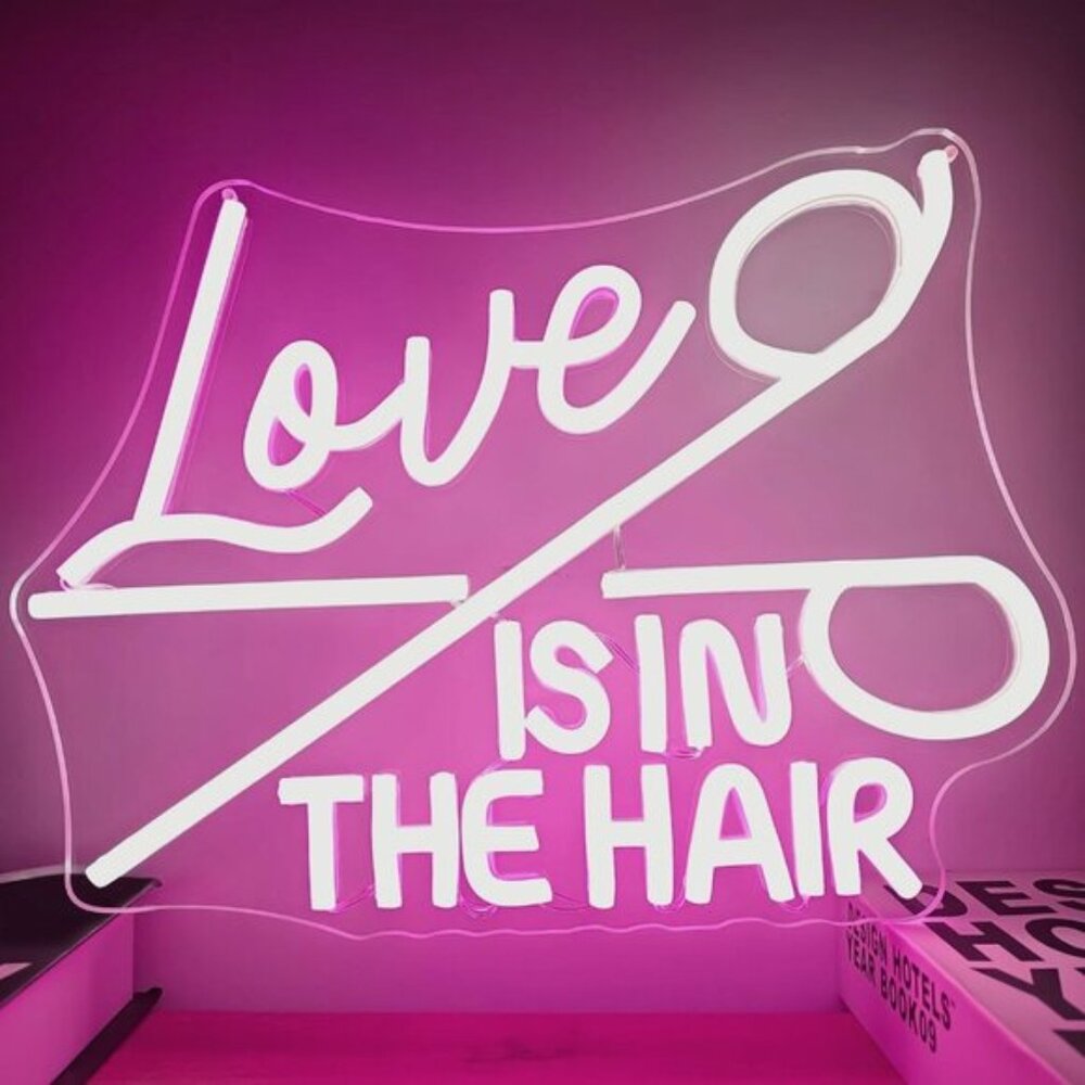 Love Is In The Hair Neon Sign, Dimmable LED Wall Light for Salon & Barber Decor